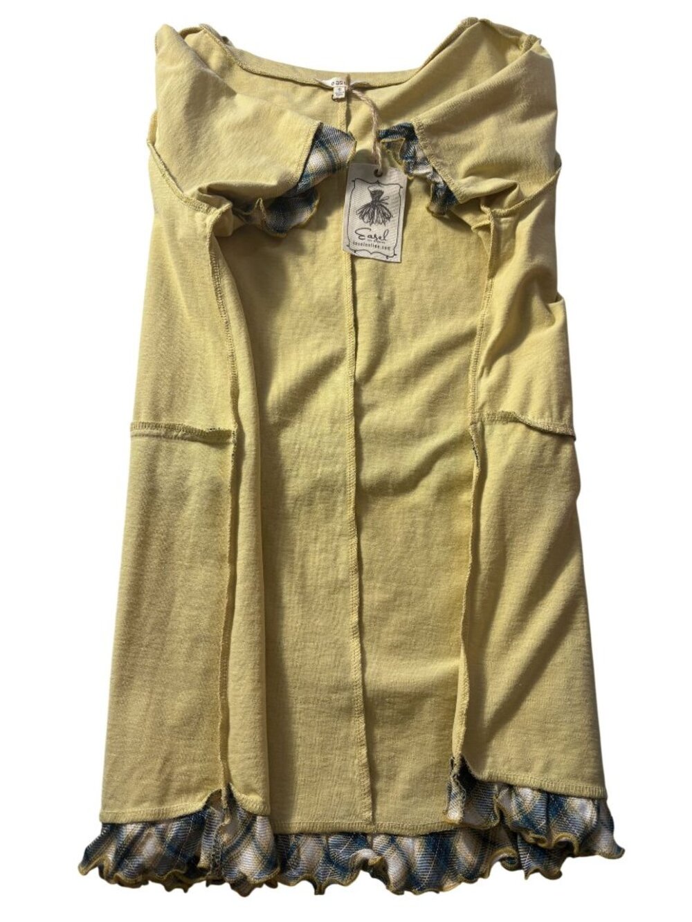 Easel Butter Yellow Short Sleeve Tunic Top With Plaid Ruffle Details Size S - Picture 9 of 9